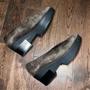 Vintage Robert Clergerie brown suede slip on platform loafers